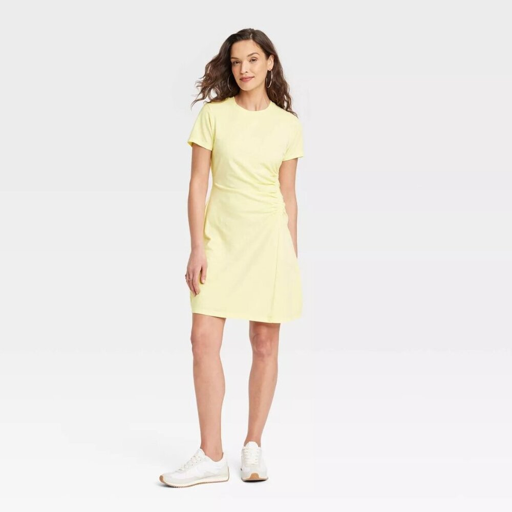 Women's Short Sleeve Ruched Knit Mini T-Shirt Dress Universal Thread - Yellow XL